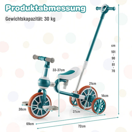 4-in-1 Toddler Tricycle with Parent Handle, Green
