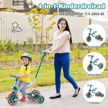 4-in-1 Toddler Tricycle with Parent Handle, Green