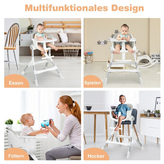 4 in 1 Kinderstuhl Babyhochstuhl umbaubar mit 5-fach höhenverstellbar Grau