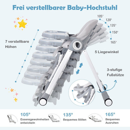 4 in 1 Babyhochstuhl faltbarer Babystuhl mit Liegefunktion 84 x 56 x 104 cm Grau