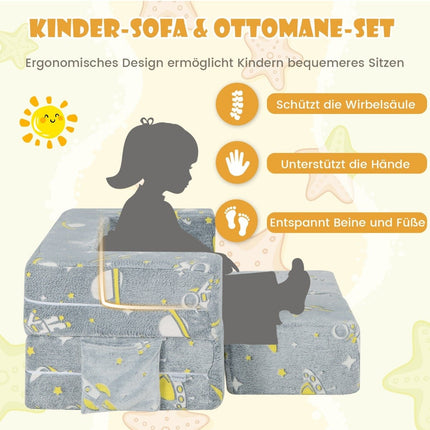 4 in 1 Kindersessel mit 2 Ottomanen &amp; abnehmbarem Bezug leuchtet im Dunkeln 107 x 52 x 41,5 cm