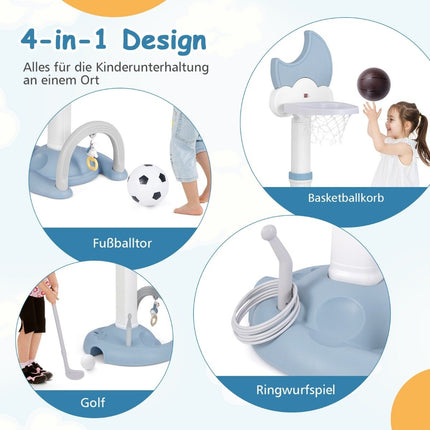 4-in-1 kinderbasketbalset met basketbal-, voetbal- en ringwerpbasketbalstandaard blauw