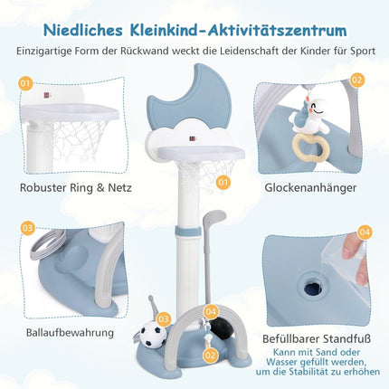 4-in-1 kinderbasketbalset met basketbal-, voetbal- en ringwerpbasketbalstandaard blauw