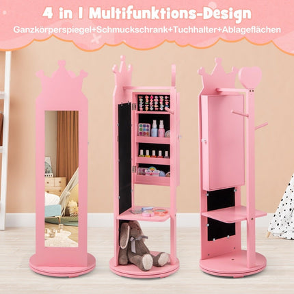 4 in 1 Kinder Schmuckschrank Spiegelschrank 360° drehbar mit Ganzkörperspiegel rosa