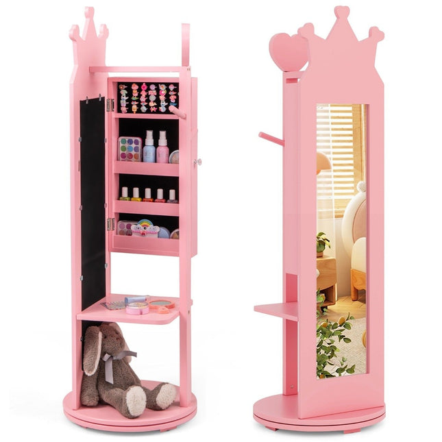 4 in 1 children's jewelry cabinet mirror cabinet 360° rotatable with full-length mirror pink