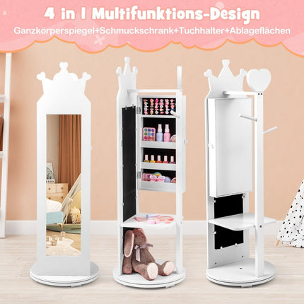 Armoire à bijoux pour enfants 4 en 1 avec miroir pivotant à 360° et miroir pleine longueur blanc