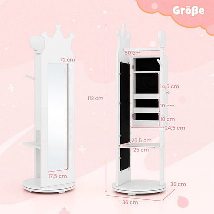 Armoire à bijoux pour enfants 4 en 1 avec miroir pivotant à 360° et miroir pleine longueur blanc