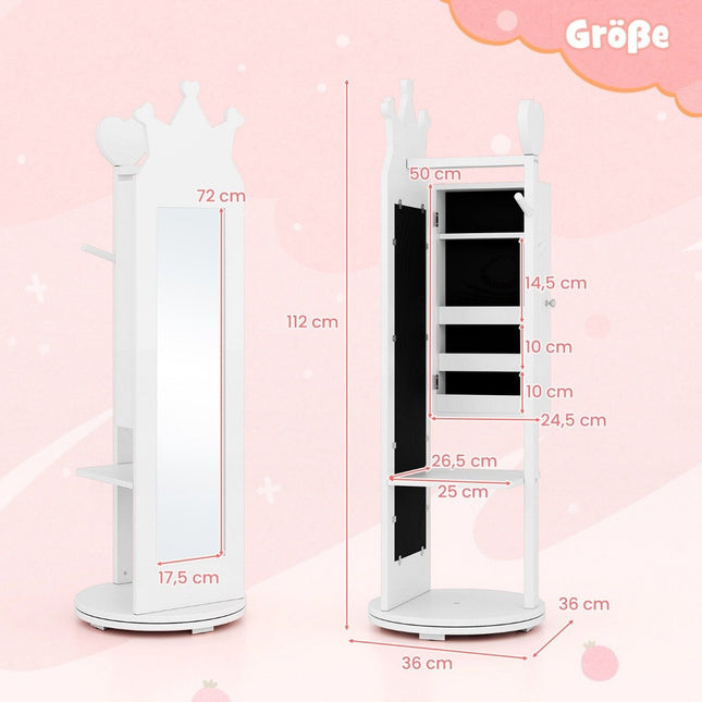 Armoire à bijoux pour enfants 4 en 1 avec miroir pivotant à 360° et miroir pleine longueur blanc