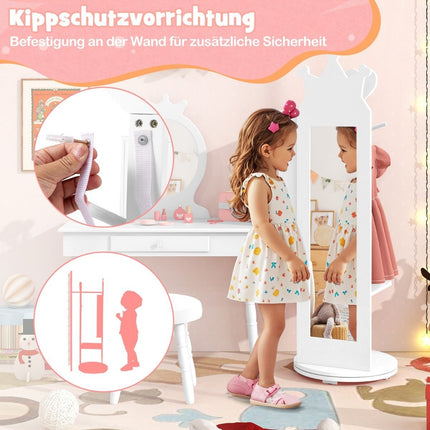 Armoire à bijoux pour enfants 4 en 1 avec miroir pivotant à 360° et miroir pleine longueur blanc