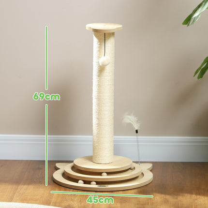 Cat scratching post, 69 cm sisal with play ball, oak finish