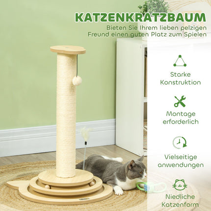 Cat scratching post, 69 cm sisal with play ball, oak finish