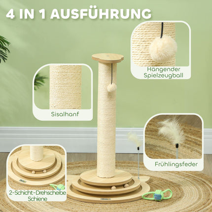 Cat scratching post, 69 cm sisal with play ball, oak finish
