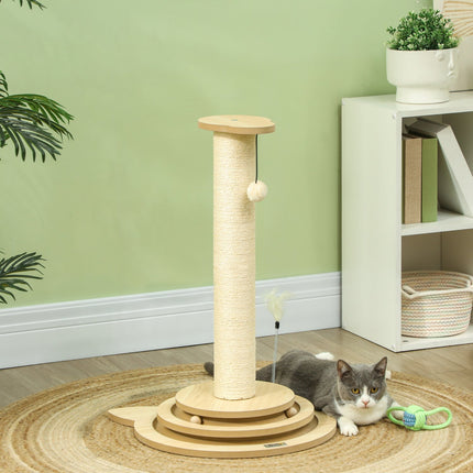 Cat scratching post, 69 cm sisal with play ball, oak finish