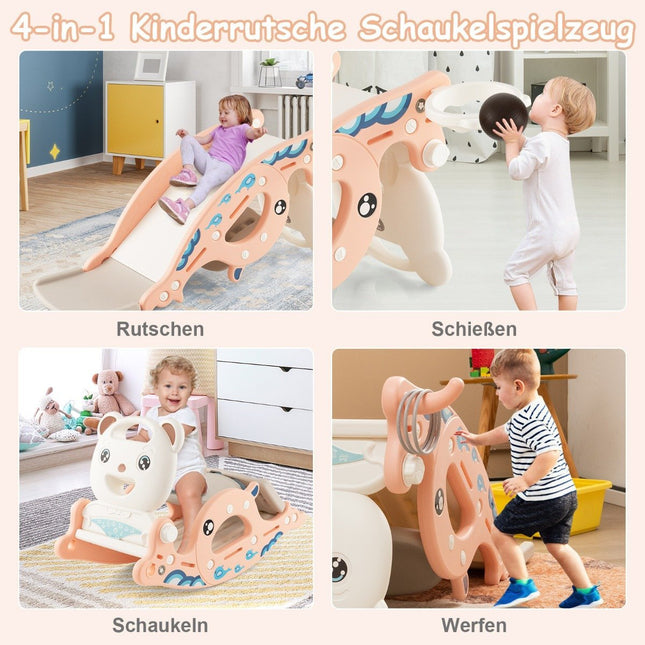 4-in-1 Rutschenspielzeug für Kinder mit Basketballkorb &amp; Ringspiel rosa