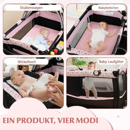 Lit de voyage 4 en 1 avec matelas, lit d'appoint pliant avec baldaquin réglable, fleurs roses