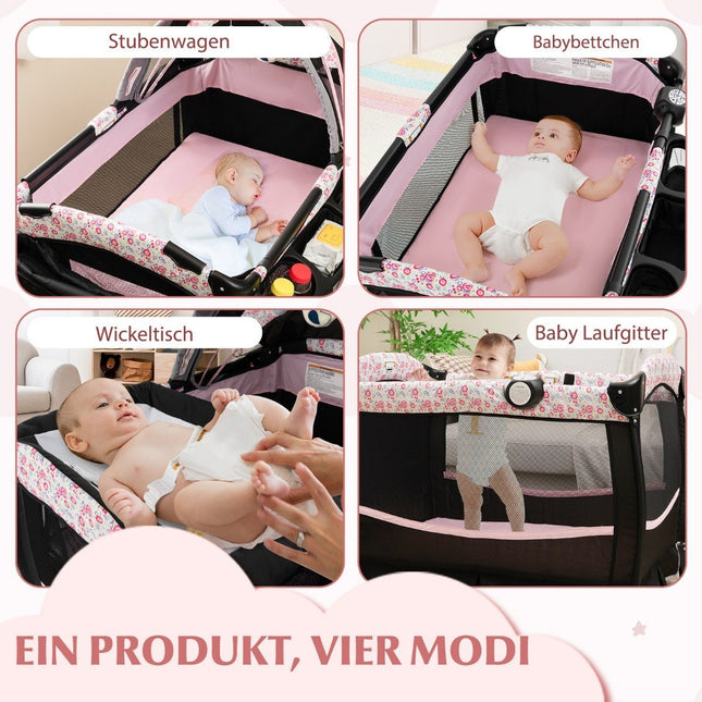 4 in 1 travel cot with mattress folding side bed with adjustable canopy pink flowers