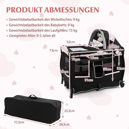 Lit de voyage 4 en 1 avec matelas, lit d'appoint pliant avec baldaquin réglable, fleurs roses
