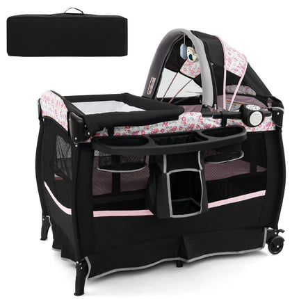 Lit de voyage 4 en 1 avec matelas, lit d'appoint pliant avec baldaquin réglable, fleurs roses