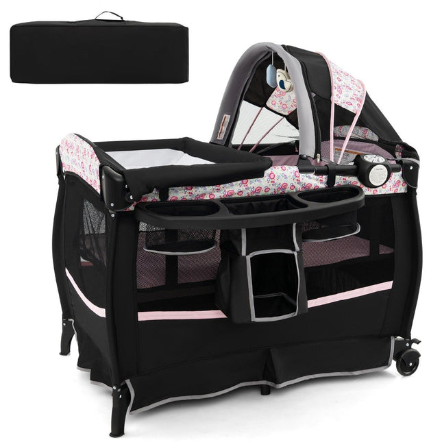 4 in 1 travel cot with mattress folding side bed with adjustable canopy pink flowers
