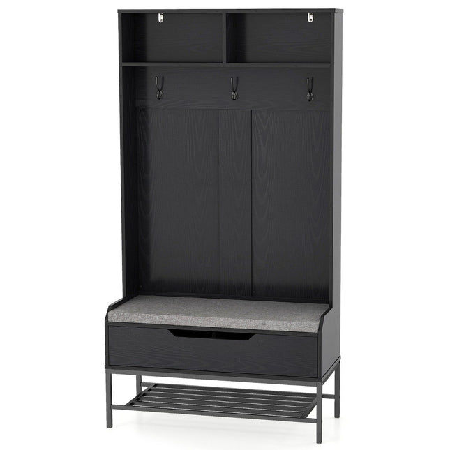 4 in 1 Garderobe mit Bank &amp; Schuhschrank &amp; 3 Haken Garderobenständer Kleiderständer schwarz