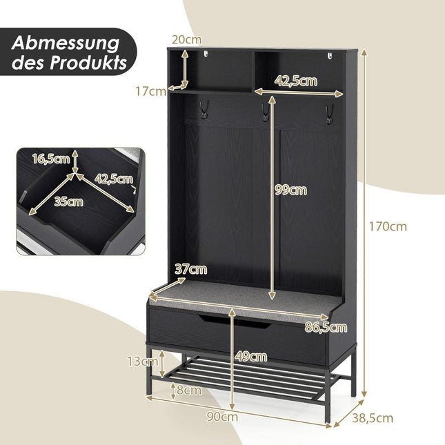 4 in 1 Garderobe mit Bank &amp; Schuhschrank &amp; 3 Haken Garderobenständer Kleiderständer schwarz