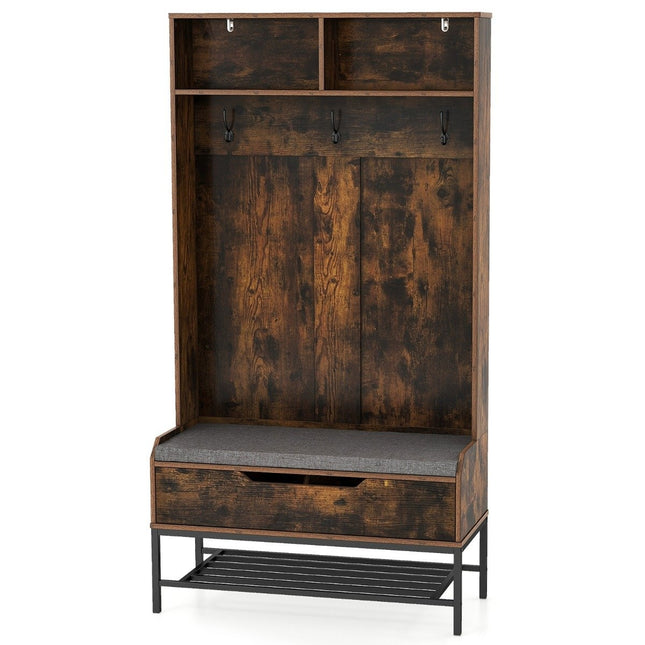 4 in 1 Garderobe mit Bank &amp; Schuhschrank &amp; 3 Haken Garderobenständer Kleiderständer braun
