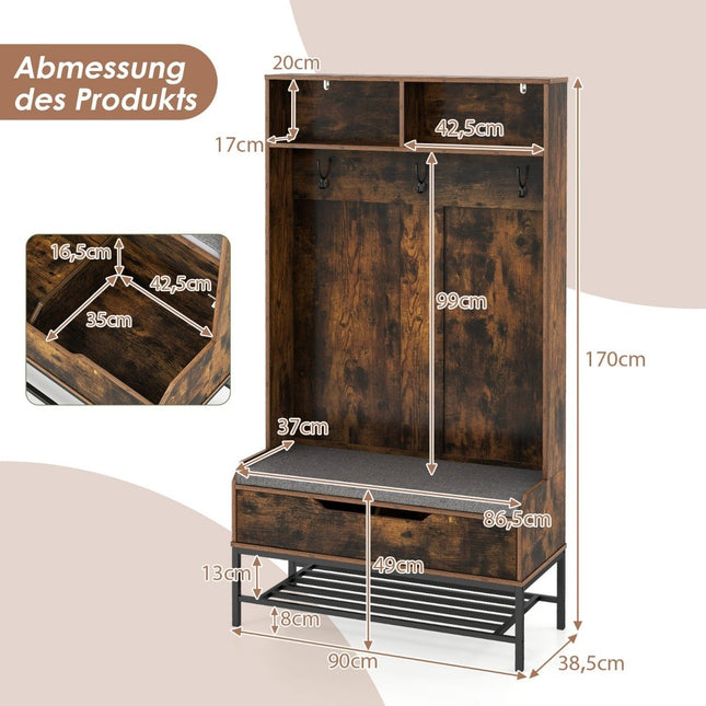 4 in 1 Garderobe mit Bank &amp; Schuhschrank &amp; 3 Haken Garderobenständer Kleiderständer braun