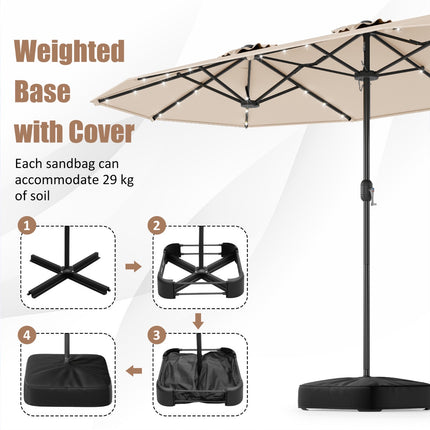 4 m Double-Sided Patio Umbrella, Solar LEDs, Base, Beige