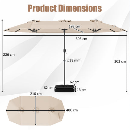 4 m Double-Sided Patio Umbrella, Solar LEDs, Base, Beige