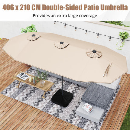 4 m Double-Sided Patio Umbrella, Solar LEDs, Base, Beige