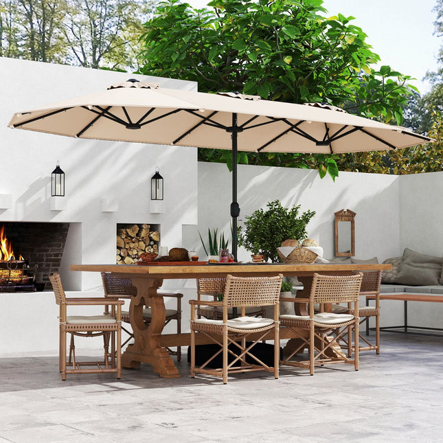 4 m doppelseitiger Terrassenschirm, Solar-LEDs, Fuß, Beige