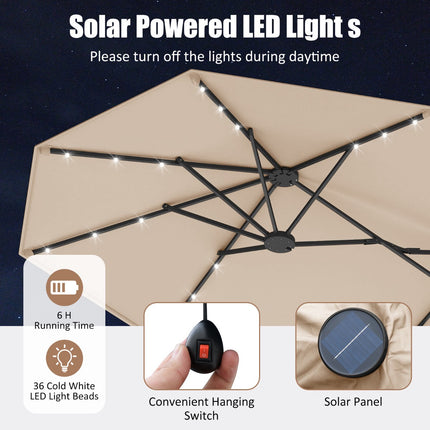 4 m Double-Sided Patio Umbrella, Solar LEDs, Base, Beige