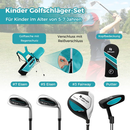 4-delige kindergolfclubset met golftas en regenhoes voor kinderen van 5-7 jaar blauw