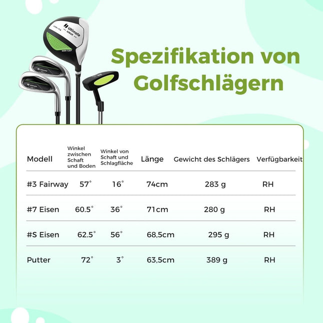 4-delige kindergolfclubset met golftas en regenhoes voor kinderen van 5-7 jaar groen