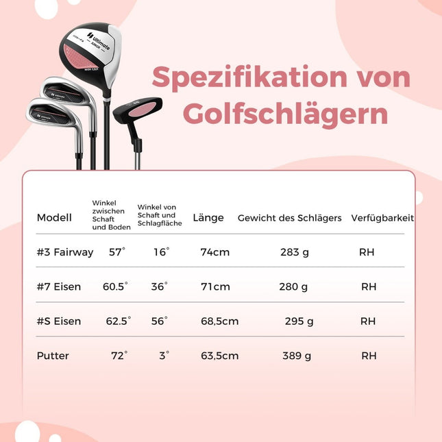4-delige kindergolfclubset met golftas en regenhoes voor kinderen van 5-7 jaar, roze