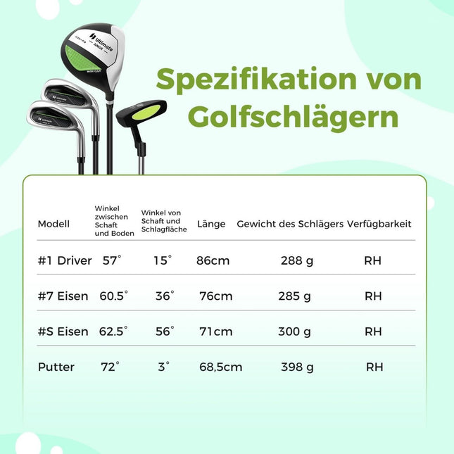 4-delige kindergolfclubset met golftas en regenhoes voor kinderen van 8-10 jaar. Groen