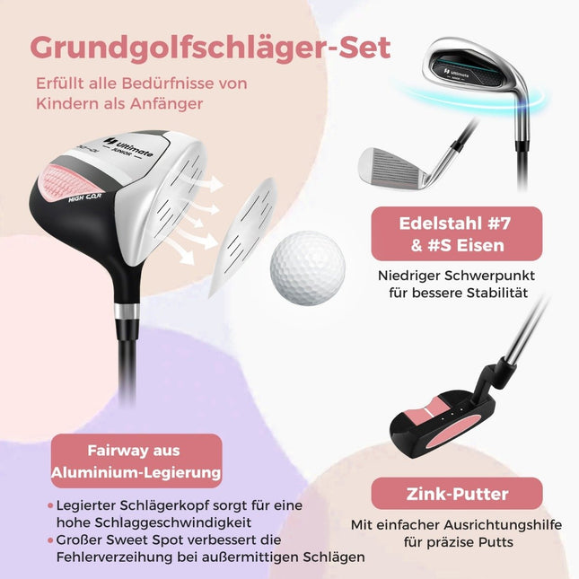 4-delige kindergolfclubset met golftas en regenhoes voor kinderen van 8-10 jaar, roze