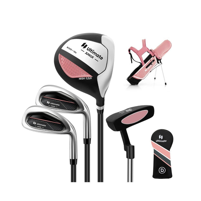 4-delige kindergolfclubset met golftas en regenhoes voor kinderen van 8-10 jaar, roze