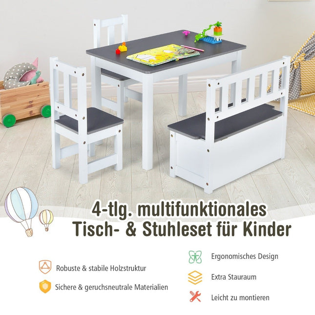 Ensemble de sièges pour enfants 4 pièces, ensemble de sièges en bois, ensemble de table pour enfants, gris + blanc