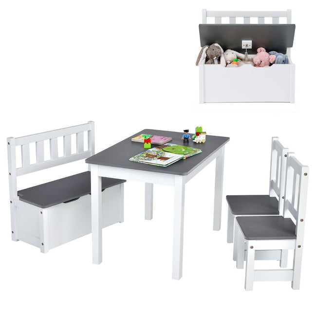 Ensemble de sièges pour enfants 4 pièces, ensemble de sièges en bois, ensemble de table pour enfants, gris + blanc