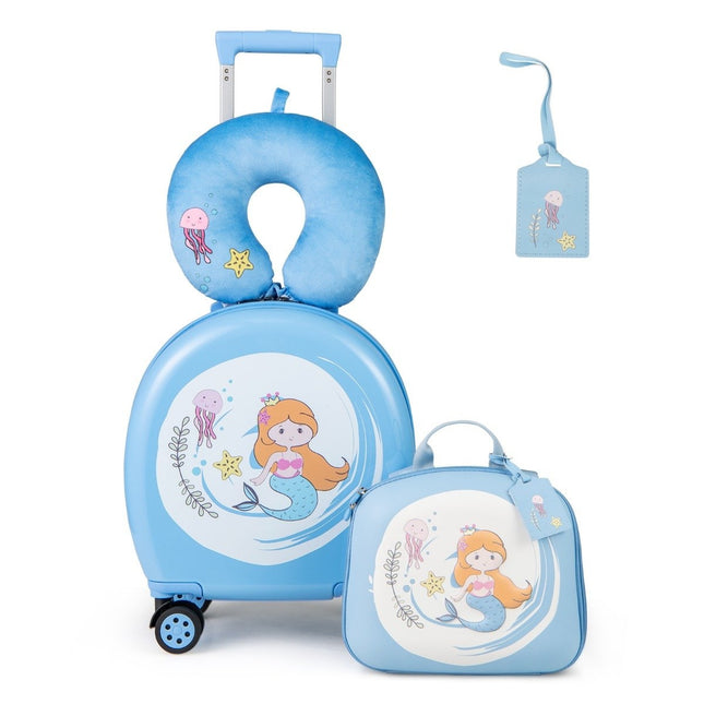 4-delige kinderkoffer + rugzak 10" + 14" kindertrolley met wielen blauw