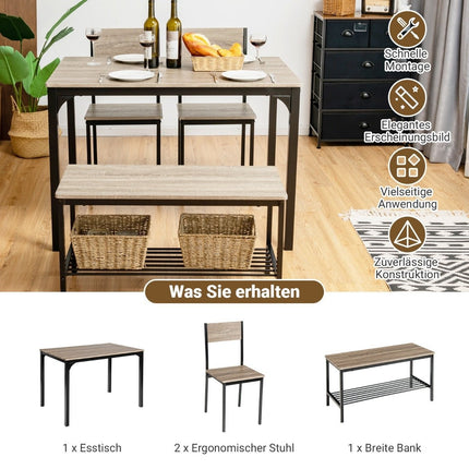 4-piece dining table set kitchen table with 2 chairs & 1 bench & shelf industrial dining group grey