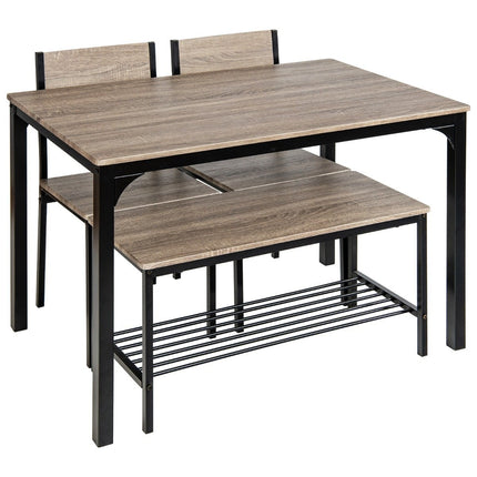 4-piece dining table set kitchen table with 2 chairs & 1 bench & shelf industrial dining group grey