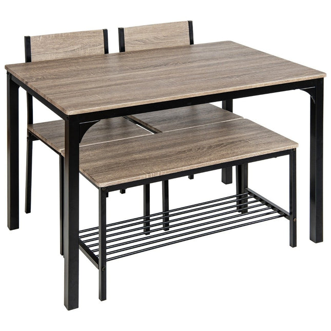 4-teiliges Esstisch-Set Küchentisch mit 2 Stühlen &amp; 1 Bank &amp; Regal Industrial Essgruppe Grau