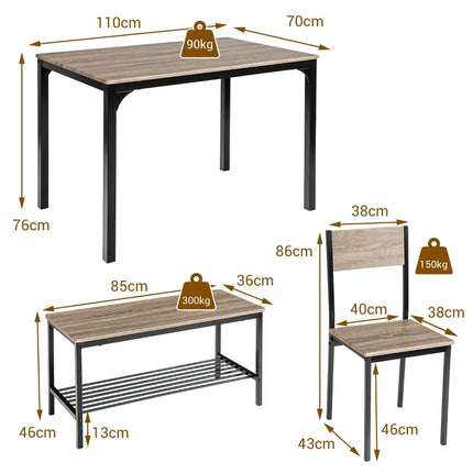 4-piece dining table set kitchen table with 2 chairs & 1 bench & shelf industrial dining group grey