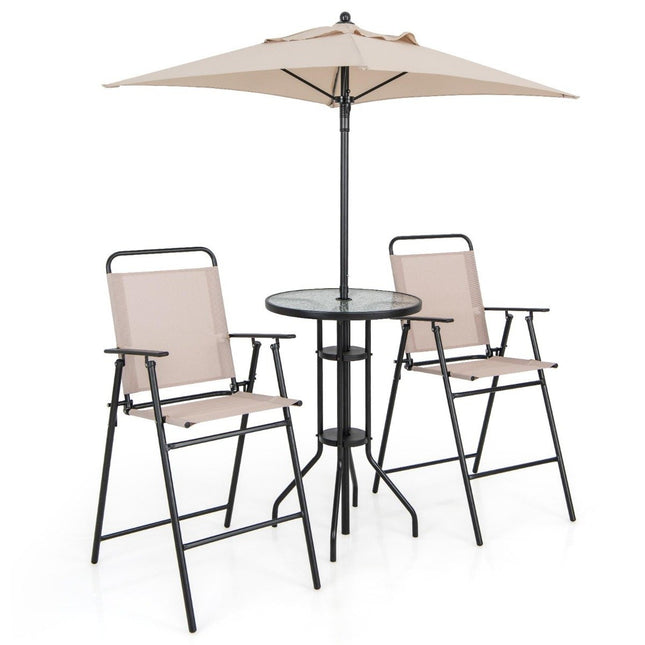 4-delige buitenbarset ronde bartafel met 2 opklapbare barkrukken & parasol beige
