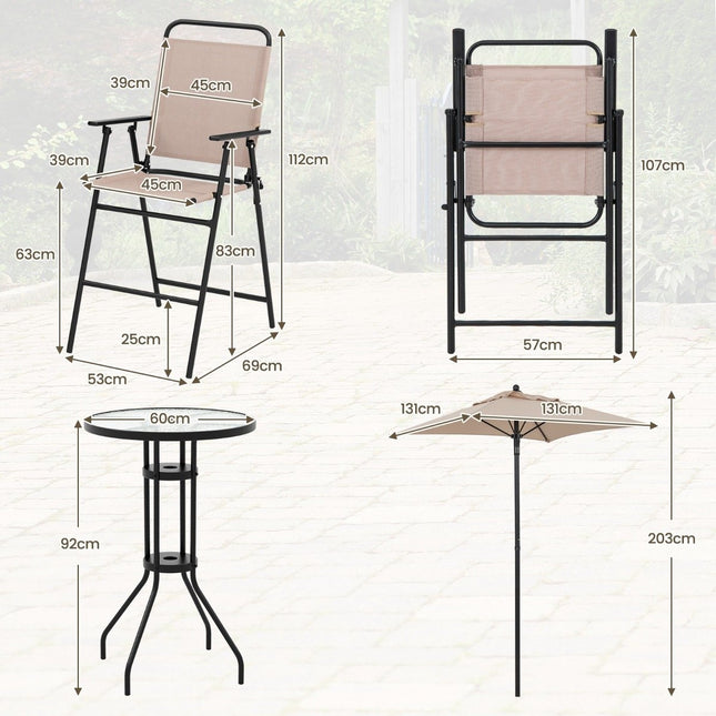 4-delige buitenbarset ronde bartafel met 2 opklapbare barkrukken & parasol beige