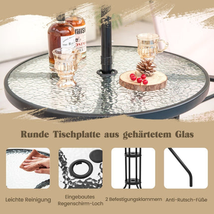 4-teiliges Outdoor Barset runder Stehtisch mit 2 klappbaren Barhockern &amp; Sonnenschirm beige