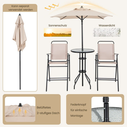 4-teiliges Outdoor Barset runder Stehtisch mit 2 klappbaren Barhockern &amp; Sonnenschirm beige