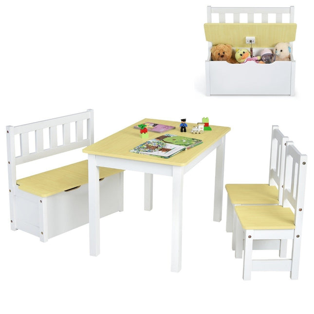 4-teiliges Tisch- und Stuhlset für Kinder 2 in 1 Set aus Holz für Kleinkinder Natur + Weiß
